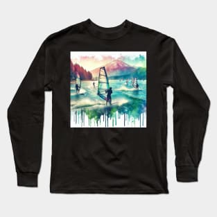 Artistic illustration of windsurfers at Mount Hood Long Sleeve T-Shirt